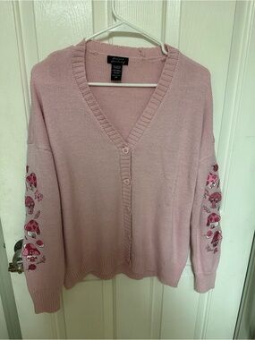 Sweet Society Pink V-Neck Embroidered Mushroom Sleeve Sweater Cardigan